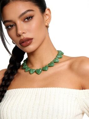 New! Green Heart Marbled Bead Necklace 14k Gold Plated